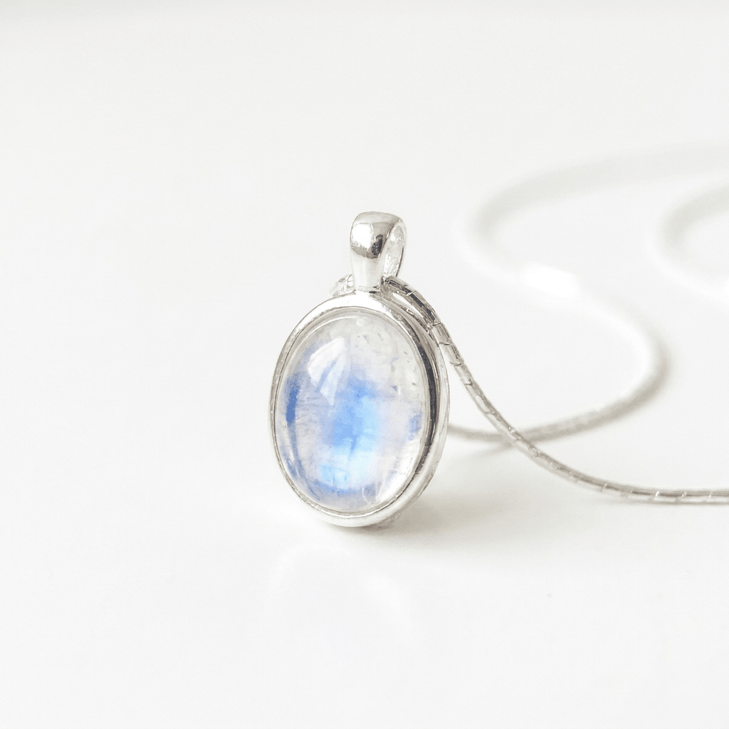 Rainbow moonstone pendant on silver chain