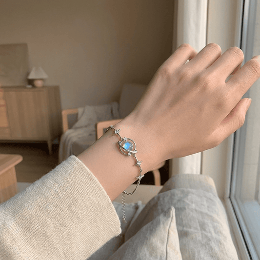 Moonstone Orbit Bracelet worn on wrist