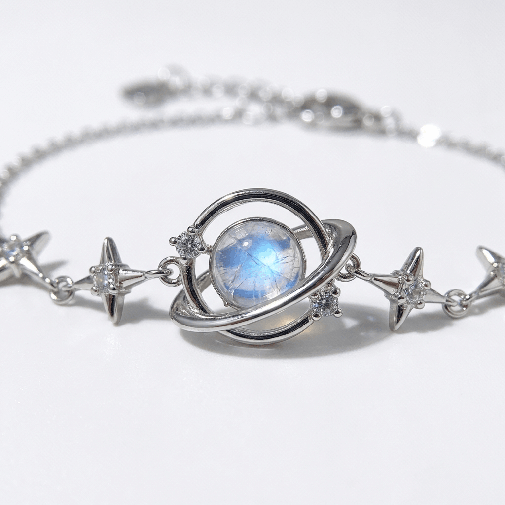 Moonstone Orbit Bracelet close-up on white